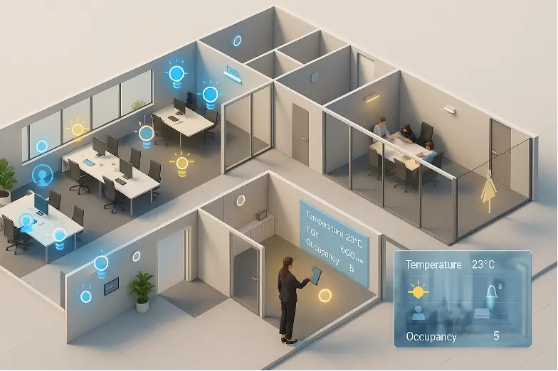 Automation of light and ACMV based on occupancy on desk and room level.
